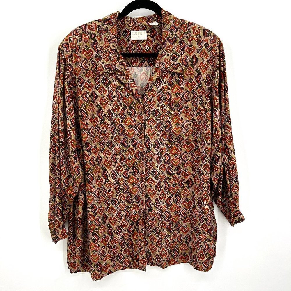 LIZ CLAIBORNE Elisabeth Vintage Brown Red Button Up Shoulder Pad Shirt 18 Petite